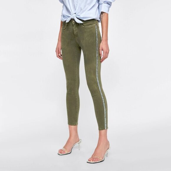 EUC Zara olive khaki skinny cropped ankle washed look sparkle side stripe jeans - Picture 3 of 13